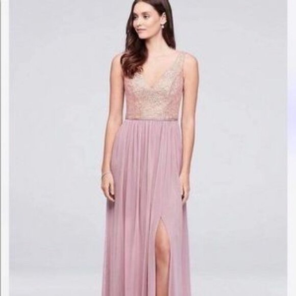 NWT David’s Bridal Rose  Gold Metallic Empire Mesh Maxi Bridesmaids Dress size 4 - Picture 1 of 16